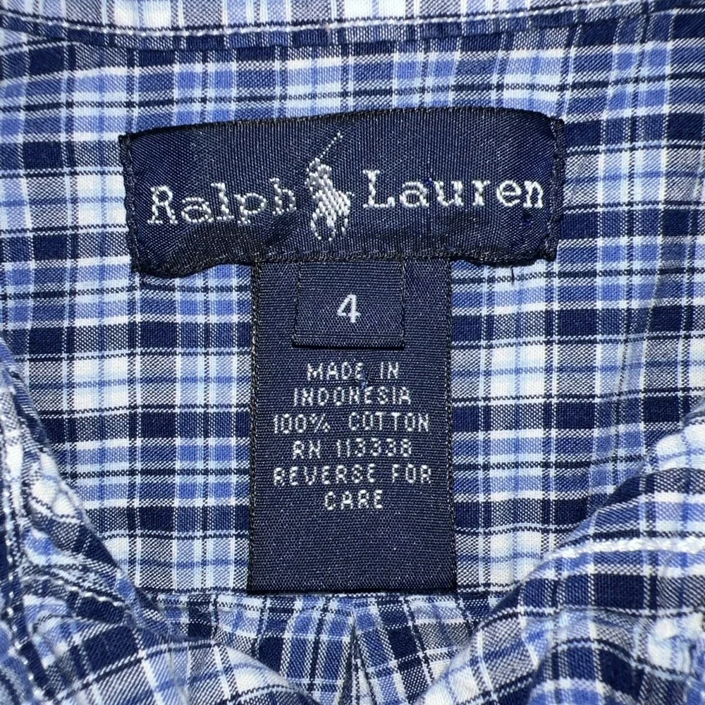 Ralph Lauren Boys Button Down Polo‎ Pony Shirt Size 4 Blue Plaid